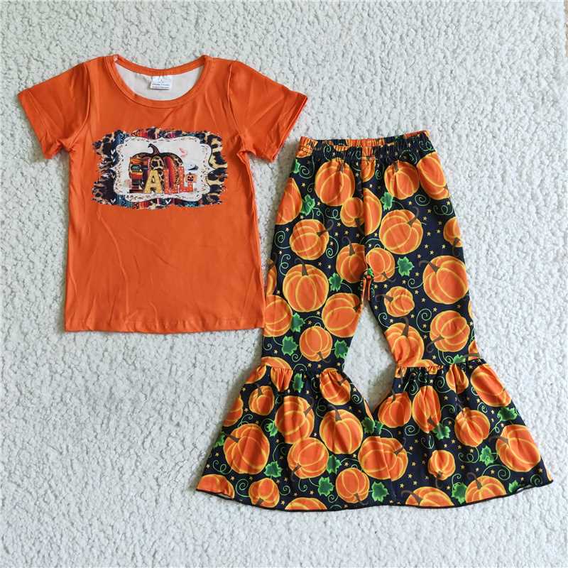 girls fall pumpkin orange tops bottoms sets B6-1