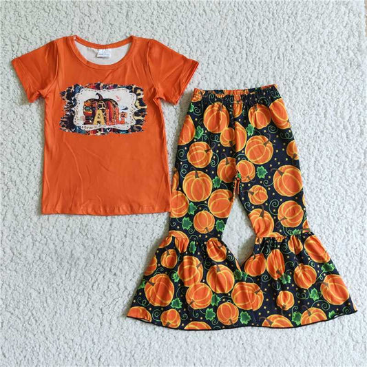 girls fall pumpkin orange tops bottoms sets B6-1