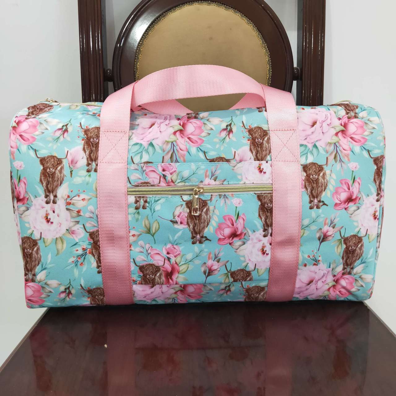 Child Girls Floral Highland Cow Blue Duffel Bag BA0084