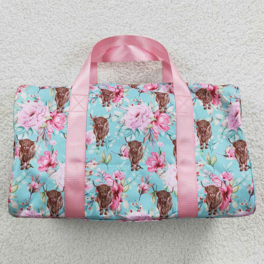 Child Girls Floral Highland Cow Blue Duffel Bag BA0084