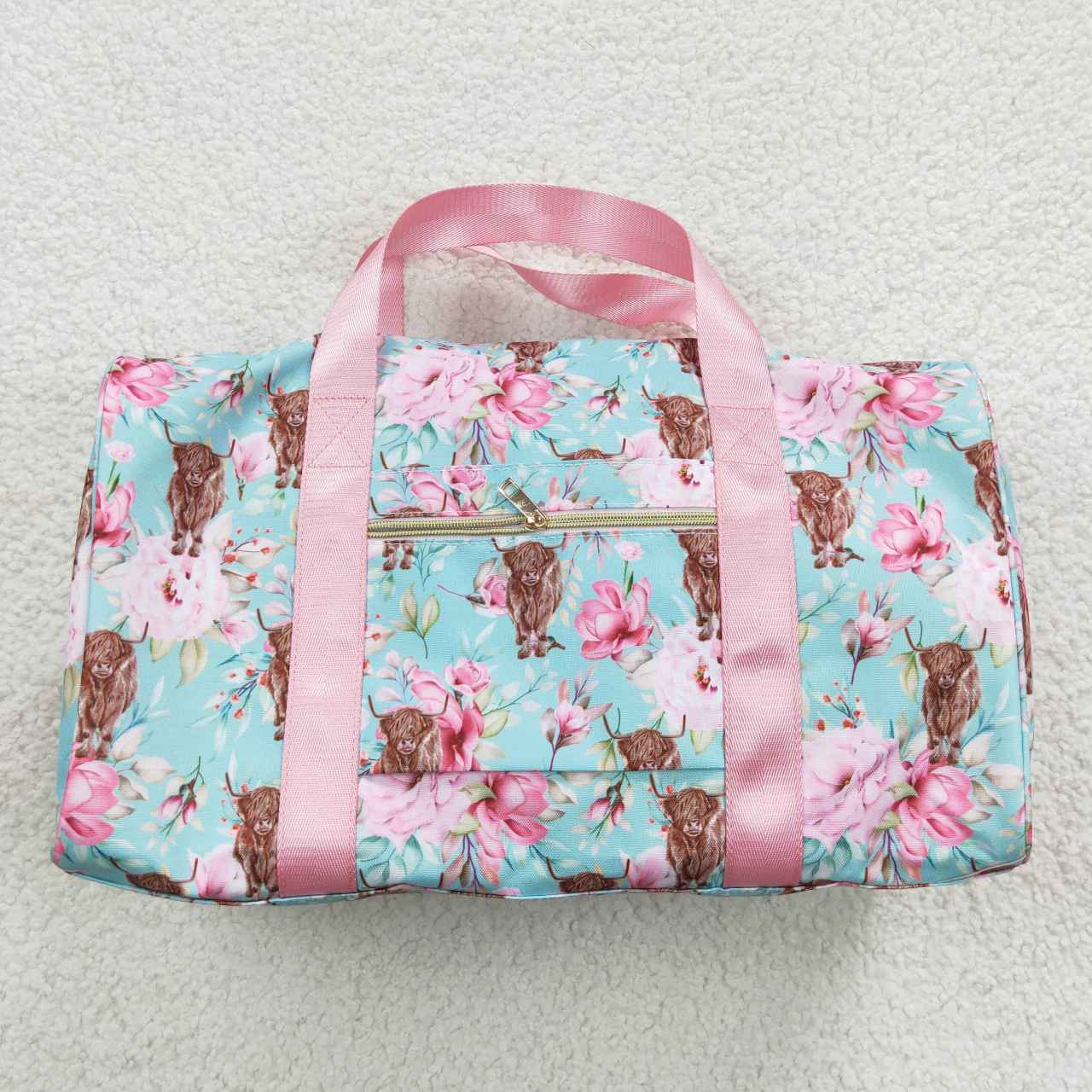 Child Girls Floral Highland Cow Blue Duffel Bag BA0084