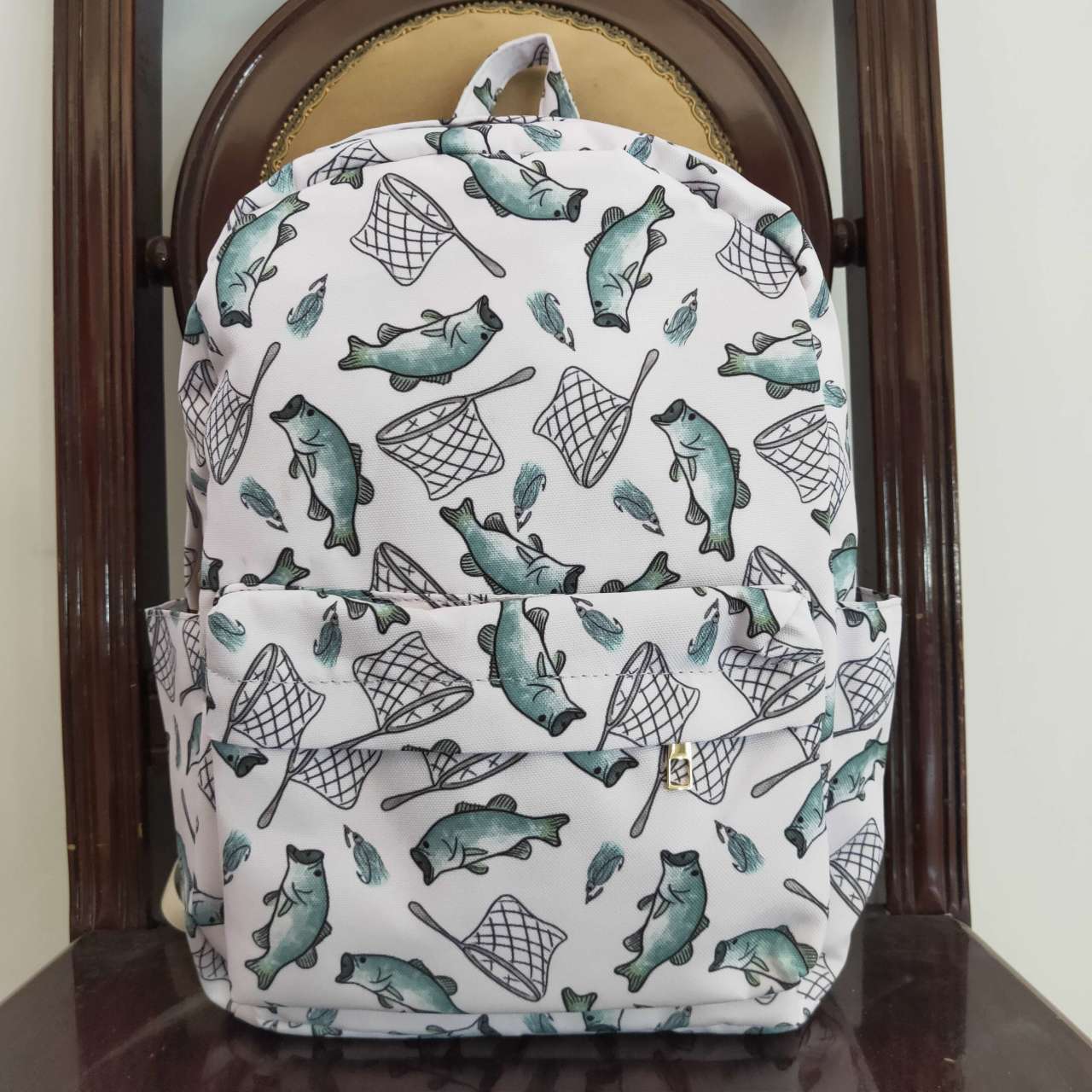 green fishing print backpack bag BA0123