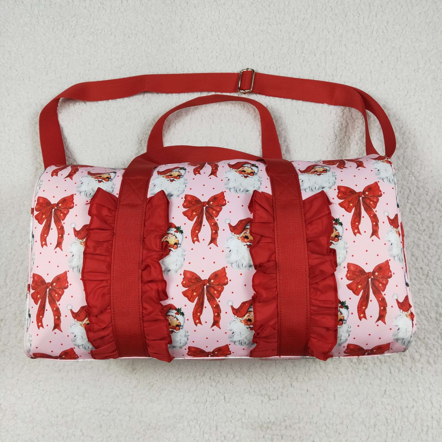 BA0306 Red Bows Santa Christmas Ruffle Gym Duffles Bags
