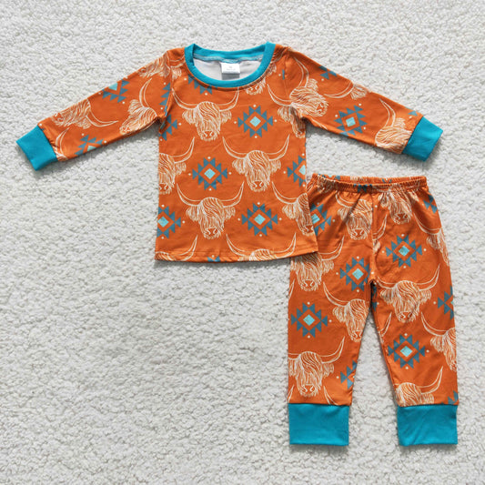 boy highland cow head print orange lounge wear sets BLP0206