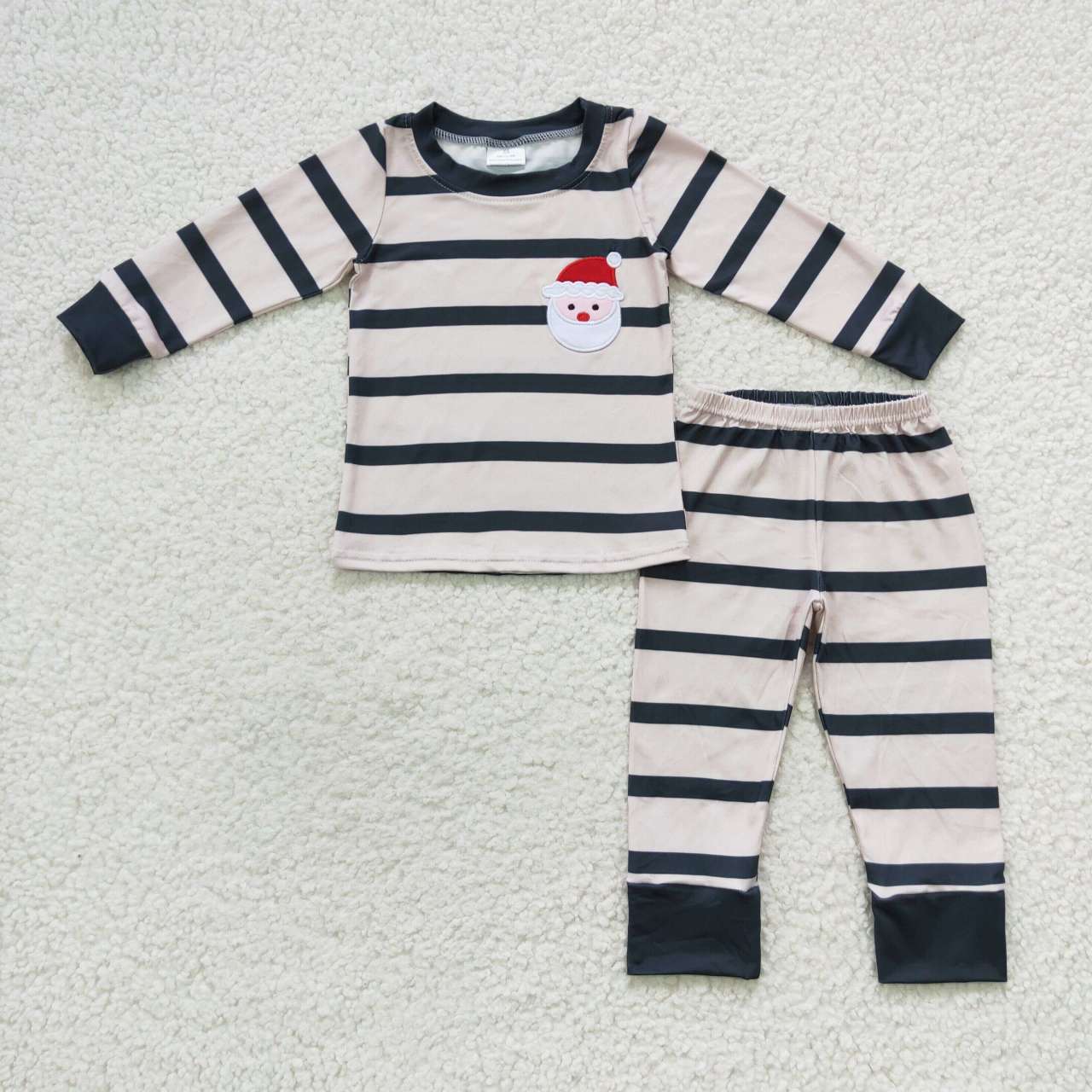 Embroidery Santa Sibling Baby Boys Stripes Shirt Top Pants Christmas Pajamas Sets