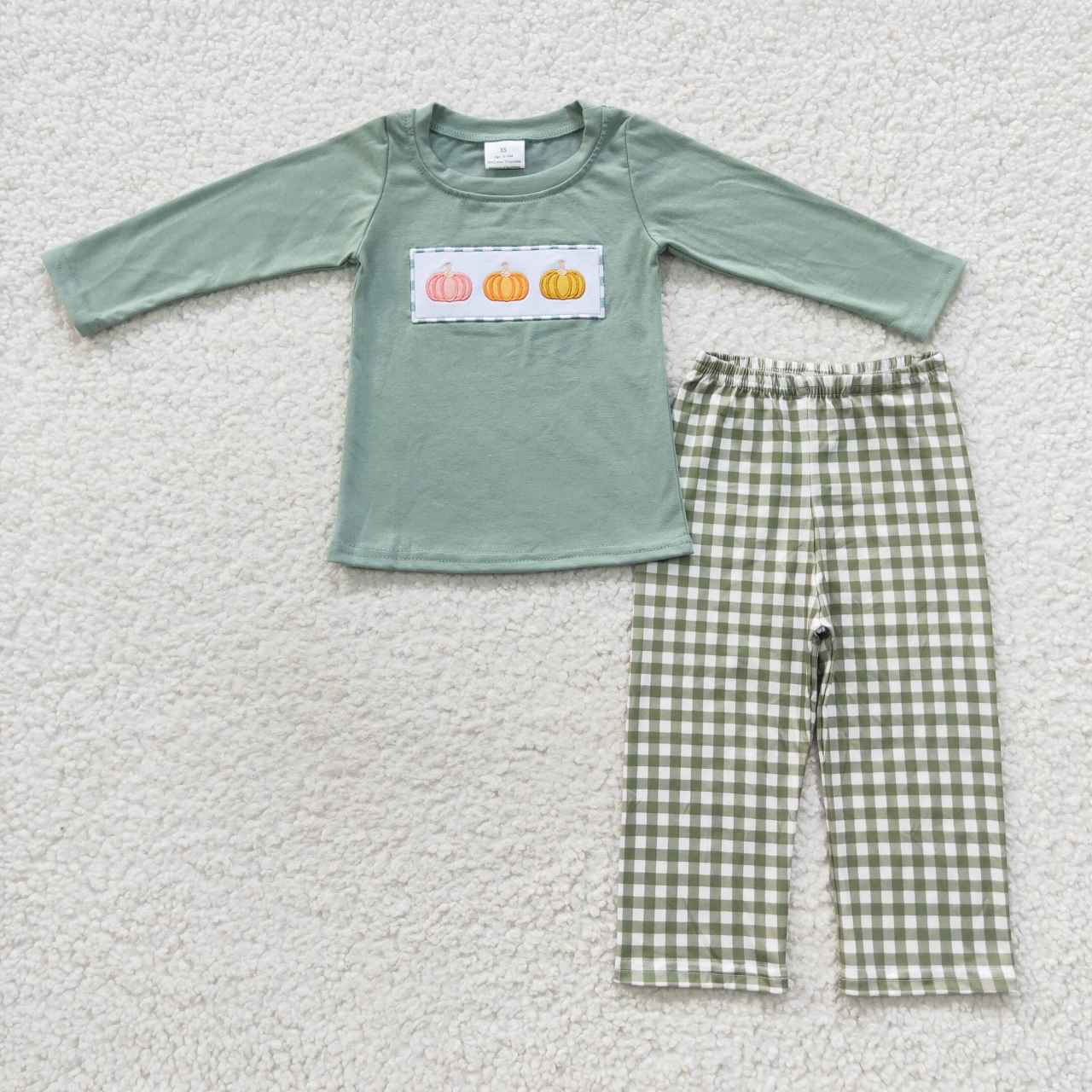 Boys pumpkin embroidery green plaid suits BLP0226