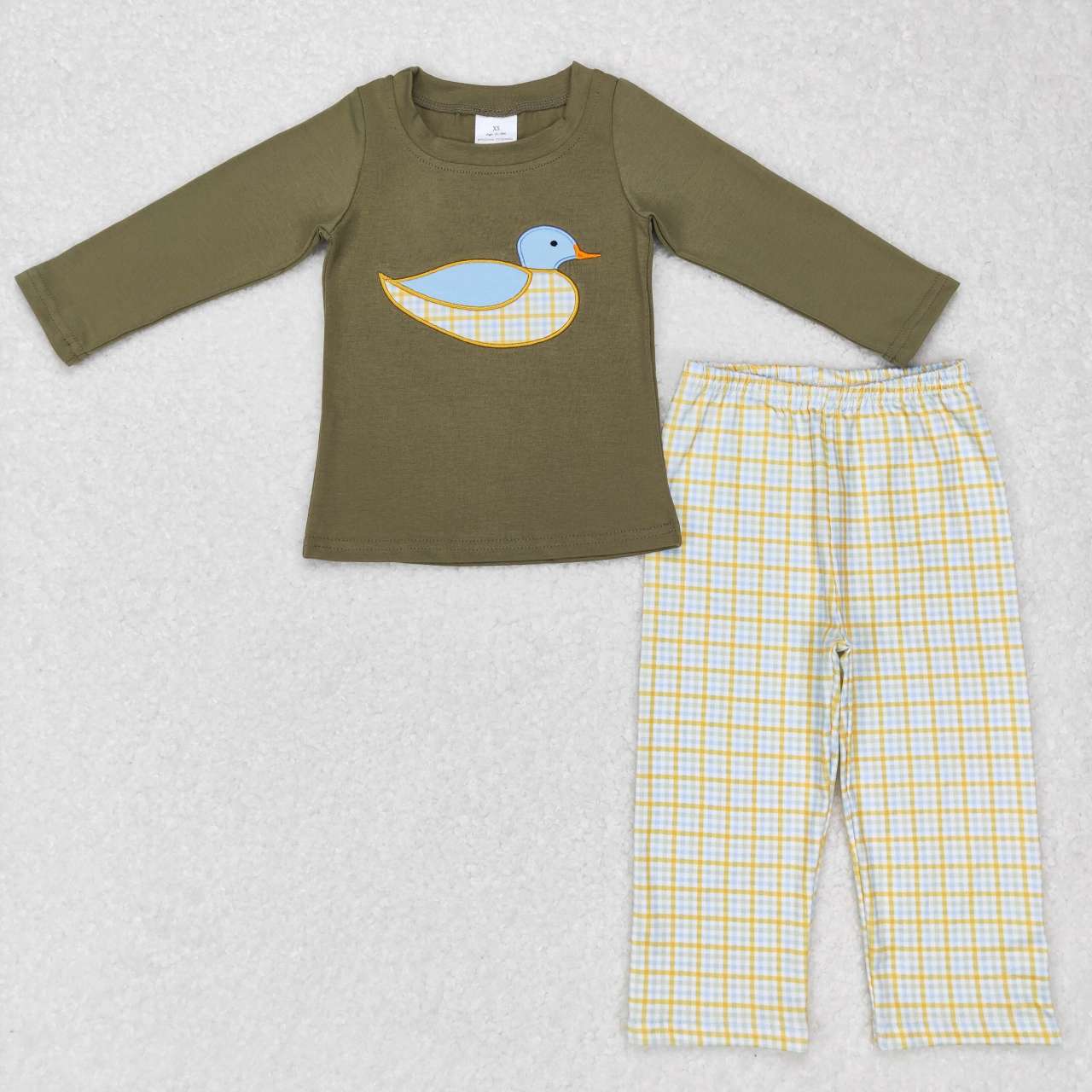 Sibling Baby Kids Olive Embroidery Ducks Top Checked Pant Bummies Hunting Clothes Sets