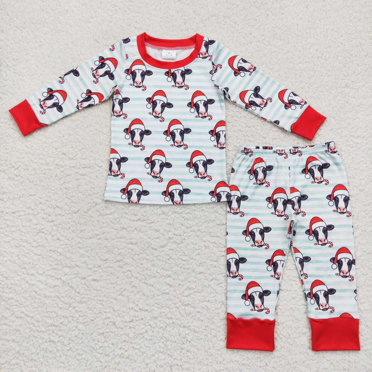 Sibling Baby Boys Light Blue Stripe Hats Cows Top Pants Christmas Pajamas Sets Zipper Rompers