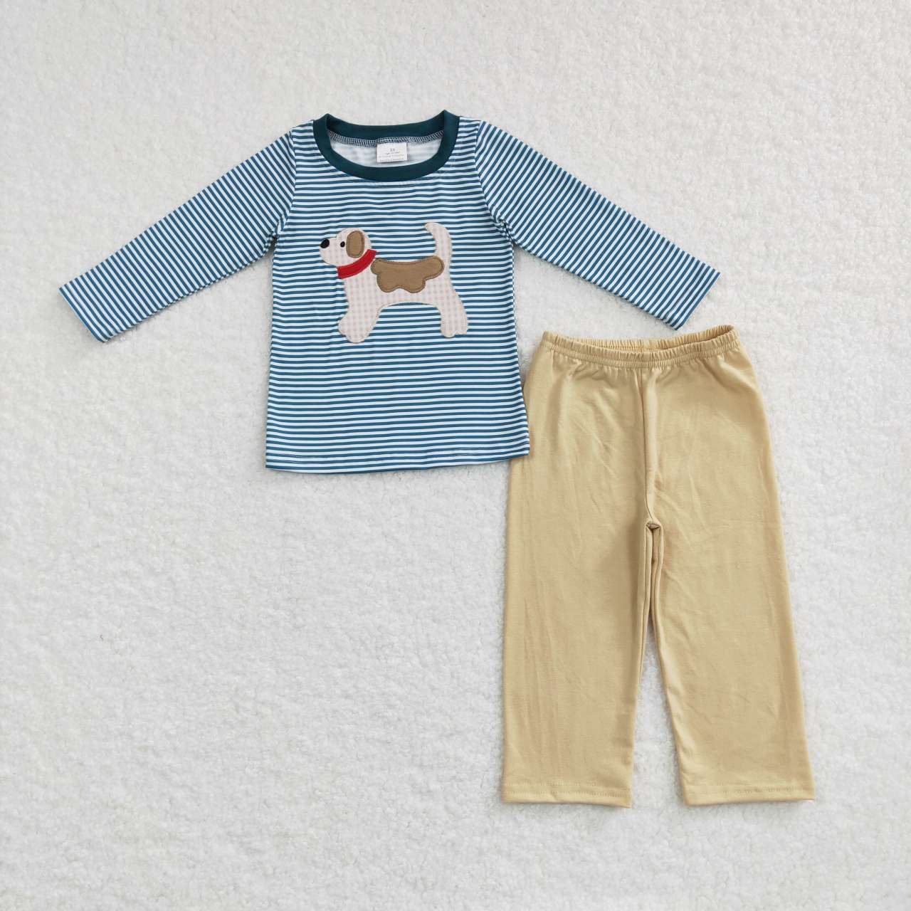 Sibling Embroidery Dogs Baby Boys Blue Stripe Shirt Pants Clothes Sets Footie Rompers