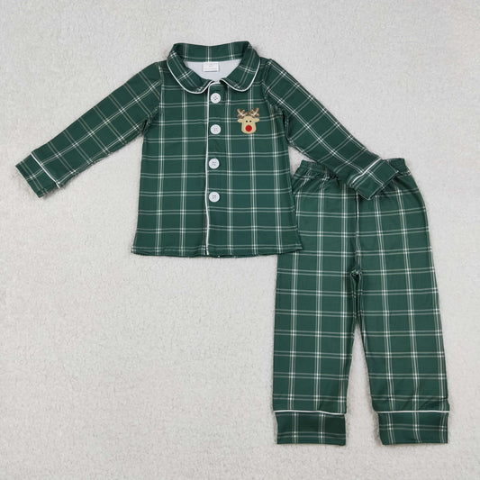 BLP0545 Baby Boys Green Checked Embroidery Deer Button Top Pant Christmas Pajamas Sets