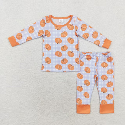 BLP0584 Bamboo Baby Boys Blue Checked Pumpkins Top Pants Fall Pajamas Sets