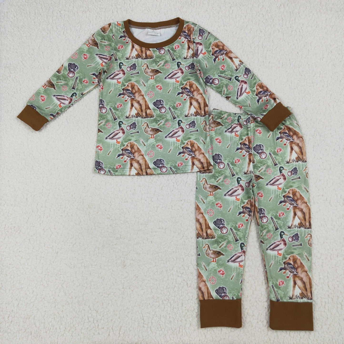Sibling Baby Boys Green Dogs Ducks Hunting Rompers Pajamas Sets