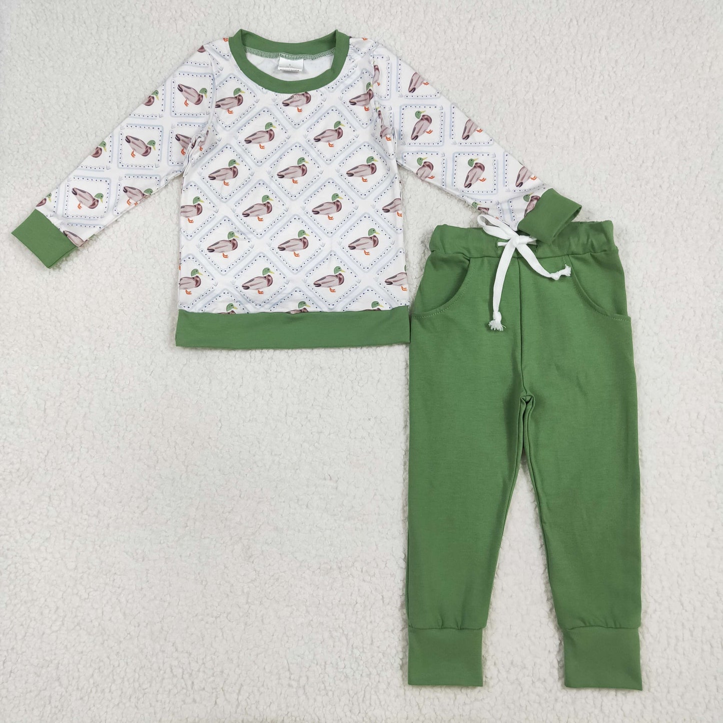 Sibling Boys Green Ducks Checked Pajamas Clothes Sets Zipper Rompers Blankets