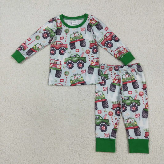 BLP1087 Baby Boys Green Trucks Santa Top Pants Christmas Pajamas Sets