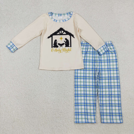 BLP1100 Baby Boys Nativity Top Blue Checked Pants Christmas Clothes Sets