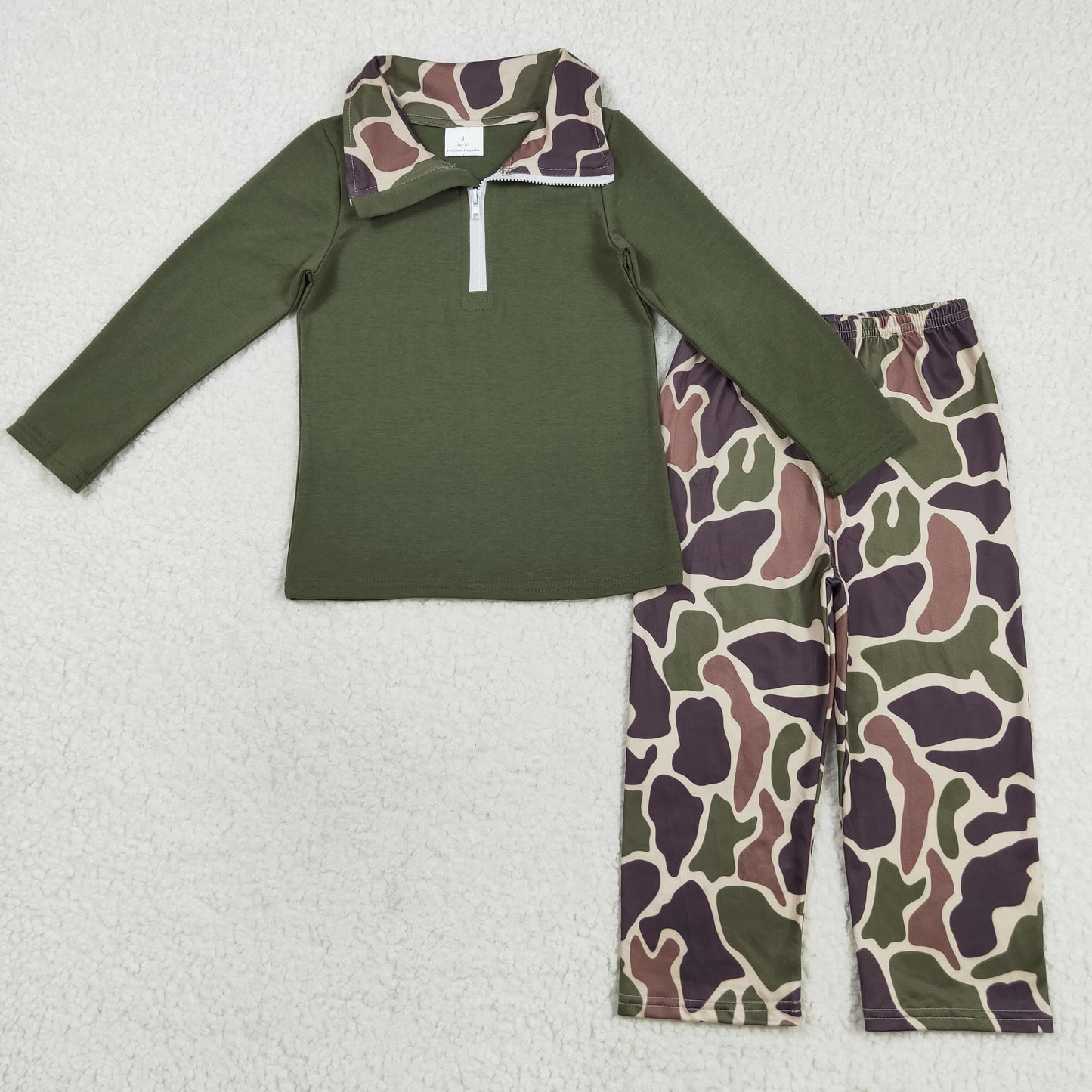BLP1138 Baby Boys Dark Green Camo Zipper Top Pants Southern Clothes Sets