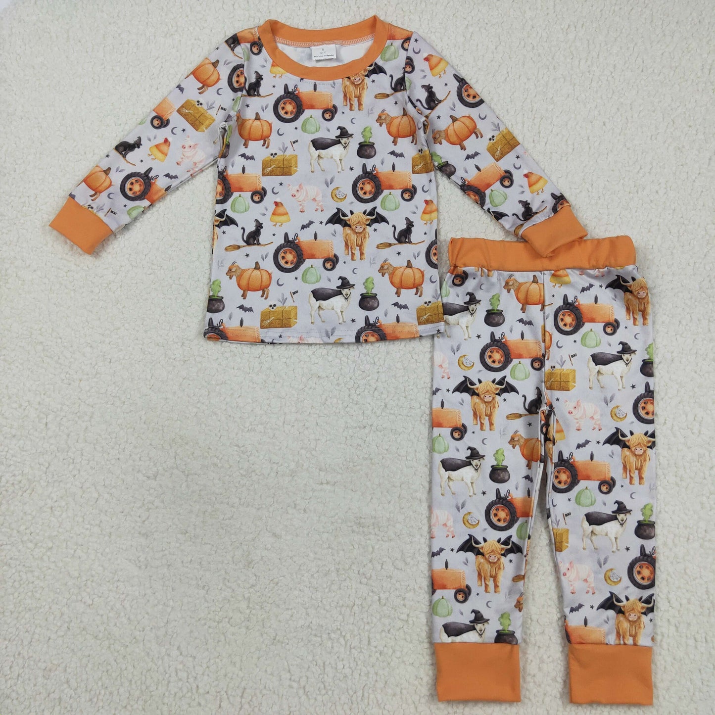 BLP1179 Baby Boys Bats Highland Cows Pumpkins Top Pants Halloween Pajamas Sets
