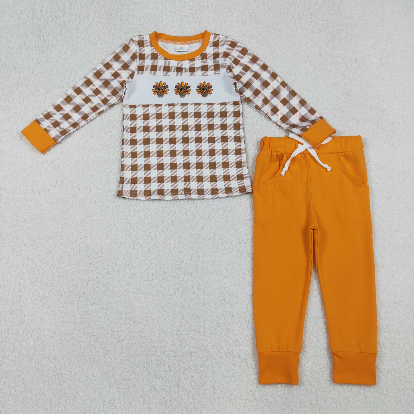 BLP1186 Baby Boys Embroidery Turkey Khaki Checked Top Pockets Pant Thanksgiving Clothes Sets
