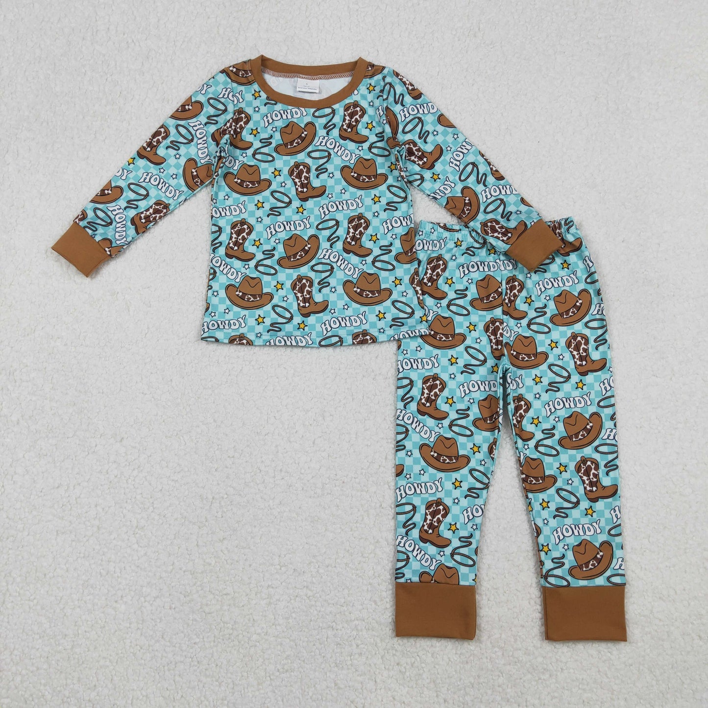 BLP1207 Baby Girls Aqua Checked Boots Hats Top Pants Western Pajamas Sets