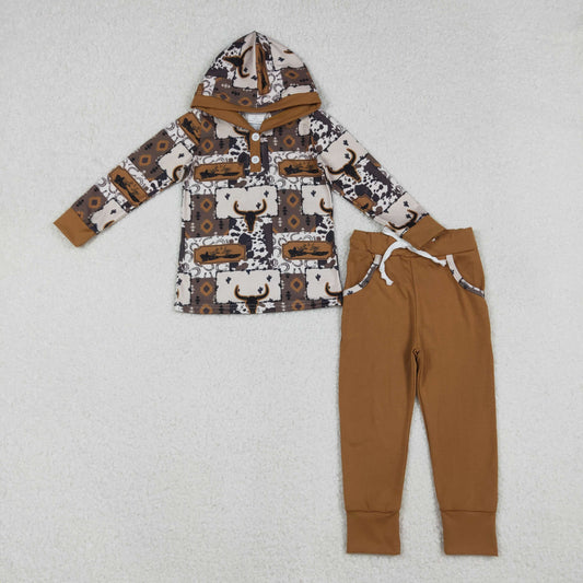 BLP1238 Baby Boys Bull Skulls Aztec Button Hoodie Pockets Leggings Western Clothes Sets