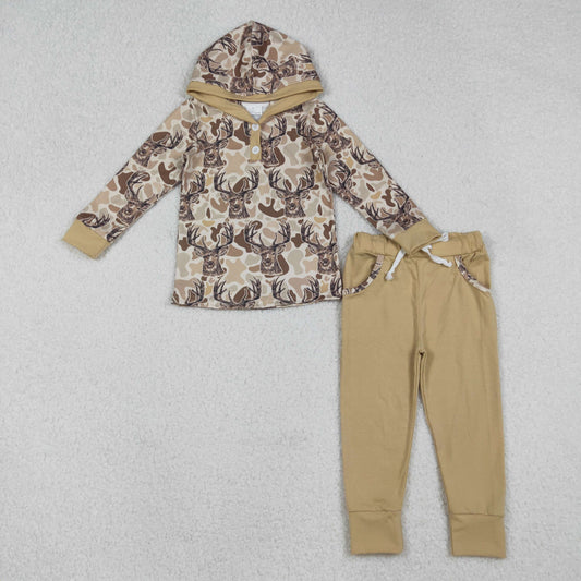 BLP1239 Baby Boys Khaki Camo Deer Button Hoodies Pockets Pants Hunting Clothes Sets