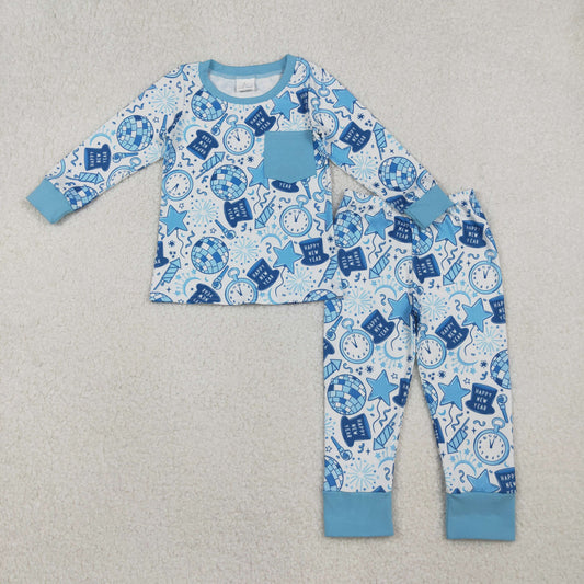 BLP1259 Baby Boys Blue Firework Stars Button Pants Happy New Year Pajamas Sets