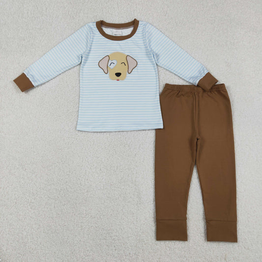BLP1283 Baby Boys Blue Stripe Embroidery Dogs Top Leggings Clothes Sets