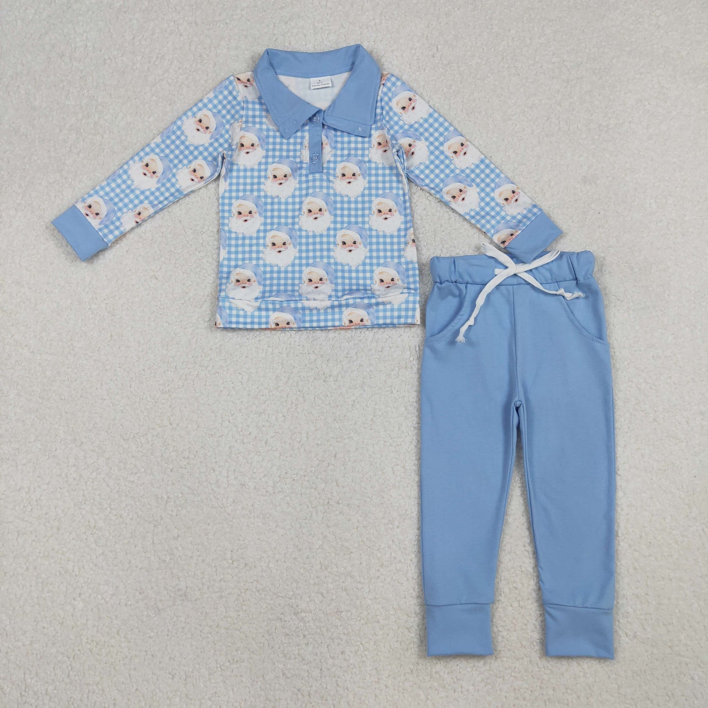 BLP1295 Baby Boys Blue Checked Santa Button Top Pockets Leggings Christmas Clothes Sets