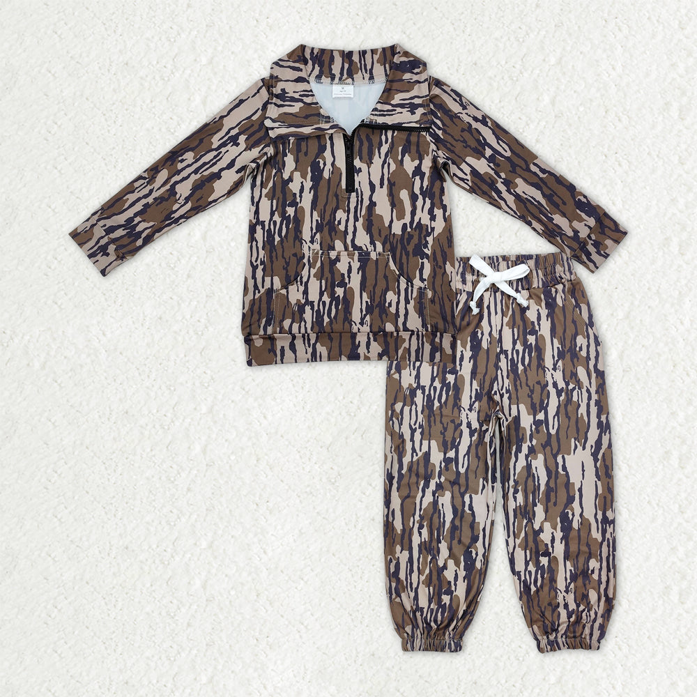 BLP1317 Baby Boys Olive Camo Pockets Zipper Pullover Top Jogger Pants Southern Clothes Sets