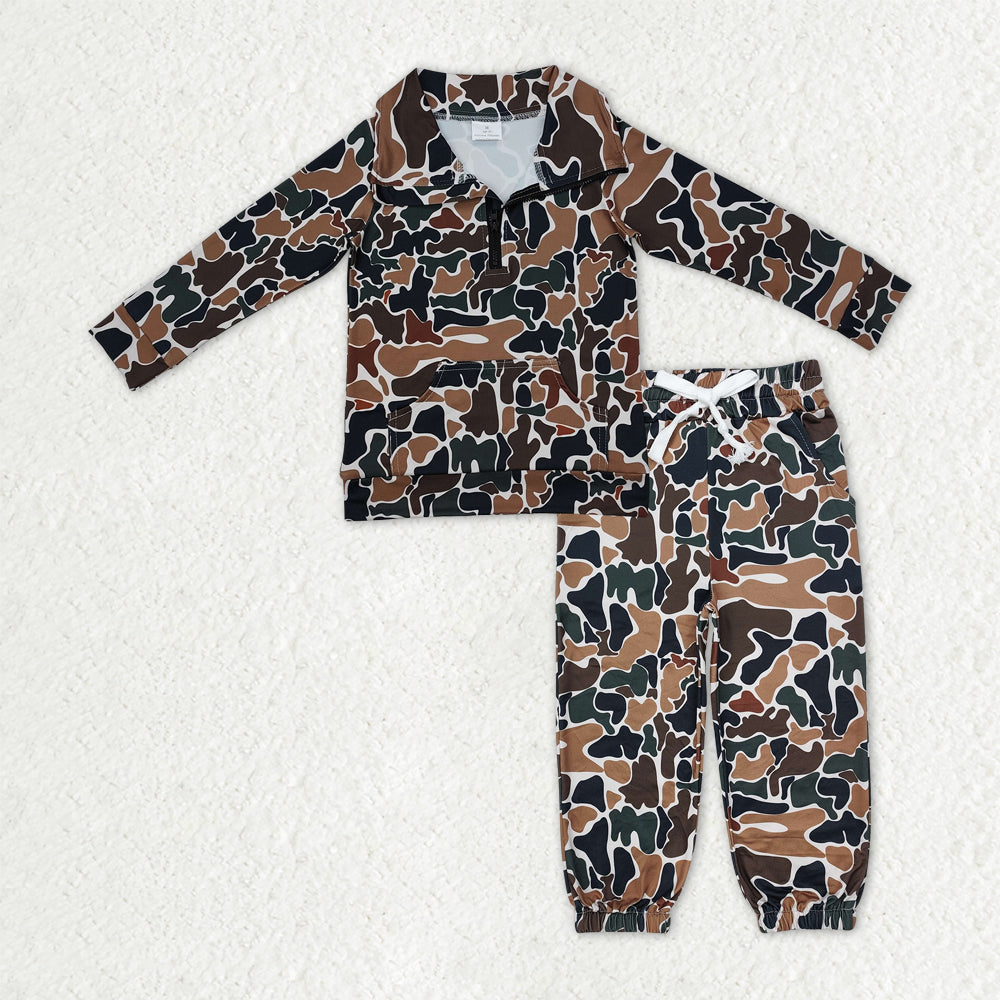 BLP1318 Baby Boys Dark Brown Camo Pockets Zipper Pullover Top Jogger Pants Southern Clothes Sets