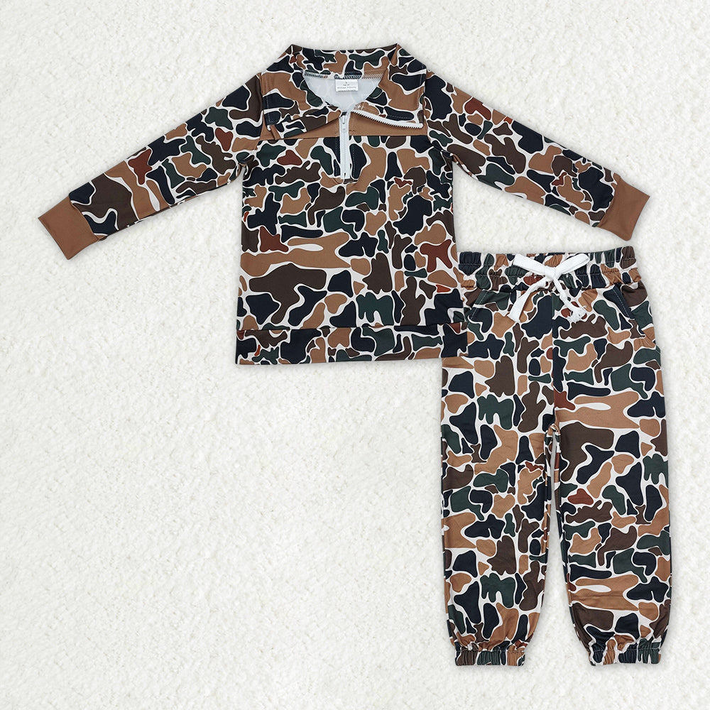 BLP1323 Baby Boys Dark Brown Camo Zipper Pullover Top Pockets Jogger Pants Southern Clothes Sets