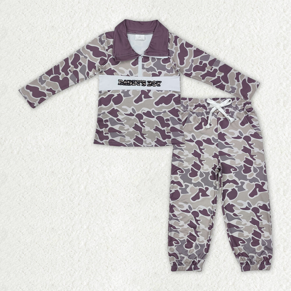 BLP1327 Baby Boys Grey Camo Embroidery Mama's Boy Zipper Pullover Pockets Jogger Clothes Sets