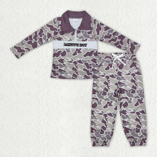 BLP1327 Baby Boys Grey Camo Embroidery Mama's Boy Zipper Pullover Pockets Jogger Clothes Sets