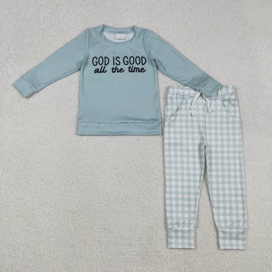 BLP1345 Baby Boys God is Good All The Time Top Checked Pockets Jogger Clothes Sets