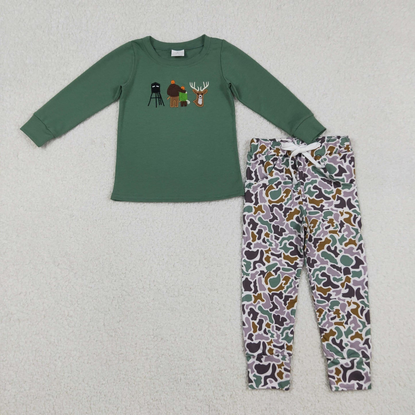 BLP1352 Baby Boys Embroidery Deer Hunting Top Green Camo Pockets Pants Clothes Sets