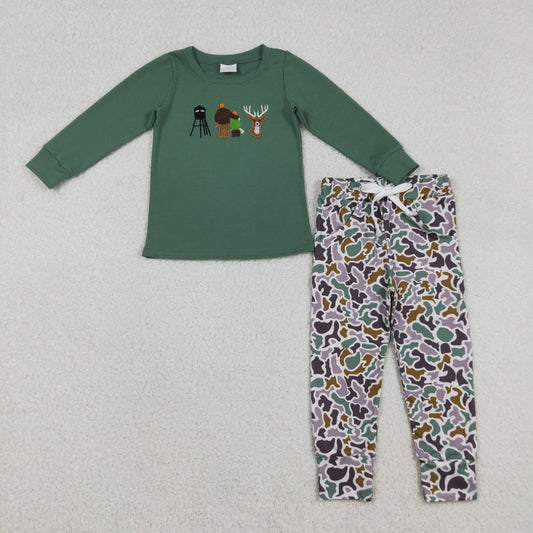 BLP1352 Baby Boys Embroidery Deer Hunting Top Green Camo Pockets Pants Clothes Sets