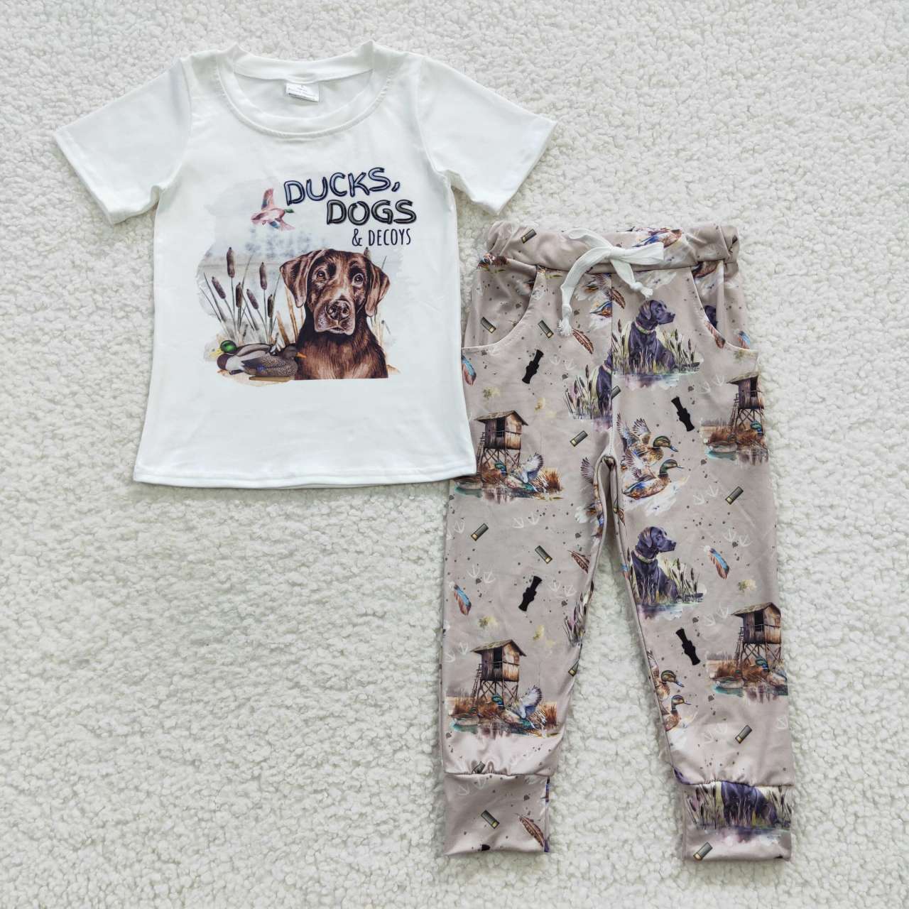 Sibling Baby Boys Short Sleeve Dogs Ducks Top Pants Hunting Pajamas Clothes Sets