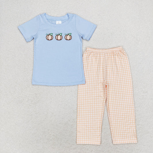 BSPO0371 Baby BOYS pumpkins blue embroidery shirt pants outfits sets