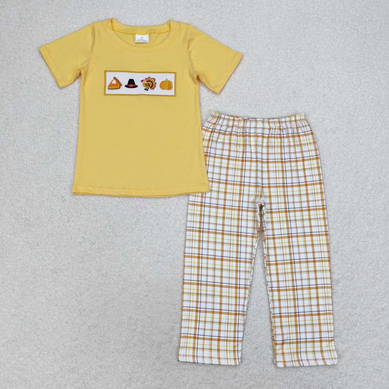 Sibling Baby Boys Girls Embroidery Turkey Pie Short Sleeves Pants Thanksgiving Clothes Sets