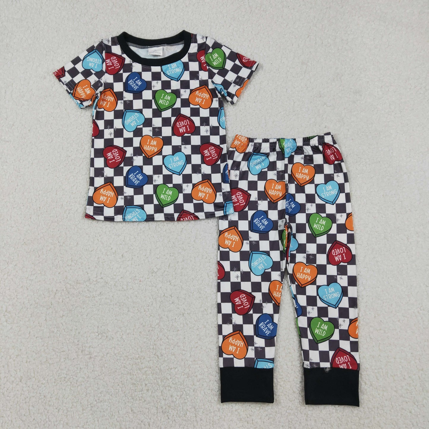 BSPO0490 Baby Boys Black Checked Colorful Hearts Top Pants Valentines Pajamas Sets