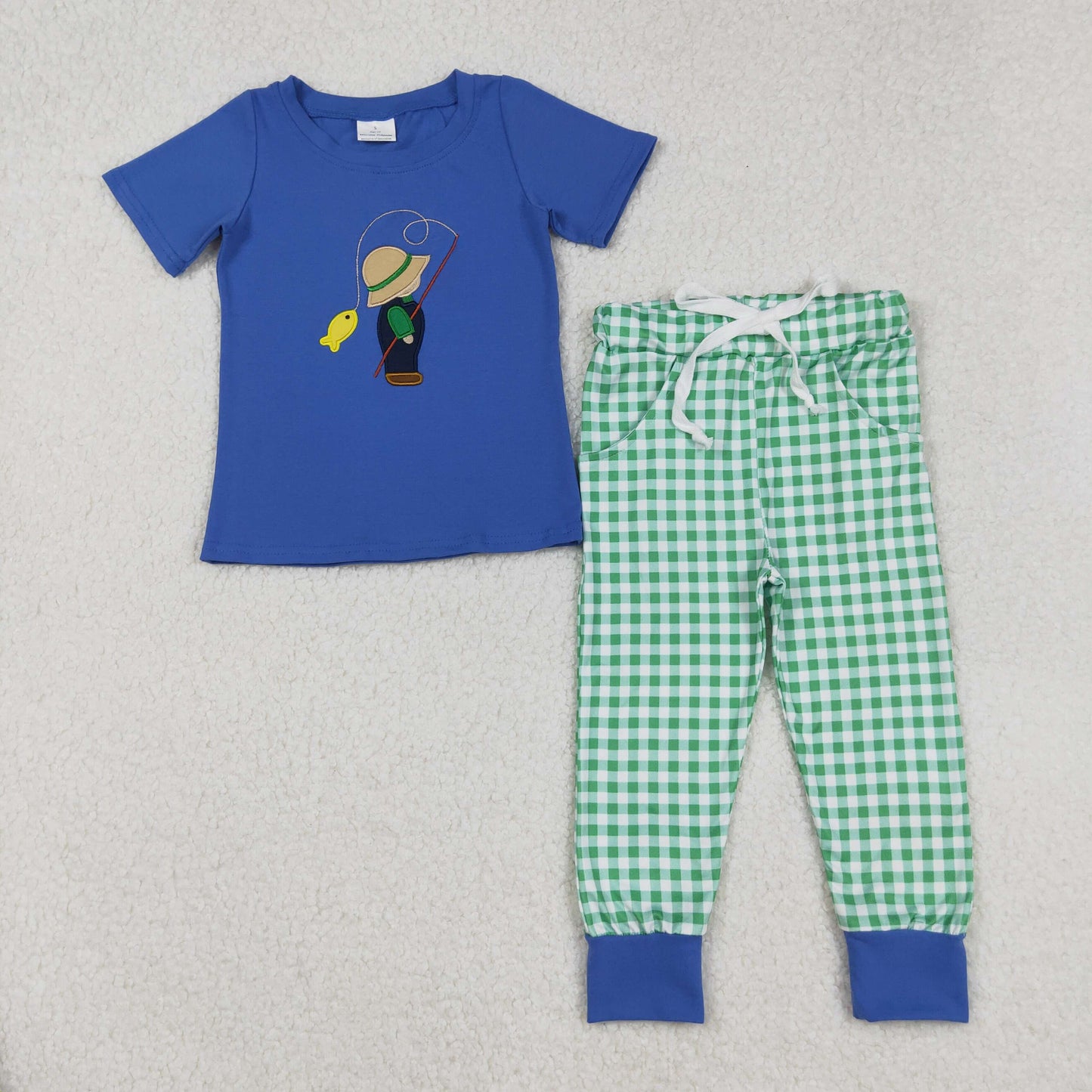 BSPO0154 Baby Boys Embroidery Fishing Top Checked Pockets Pant Southern Clothes Sets