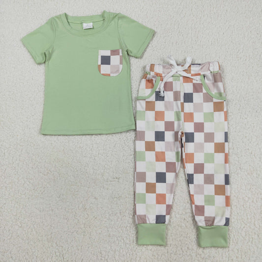 BSPO0576 Baby Boys Green Short Sleeves Checked Top Pockets Legging Clothes Suits