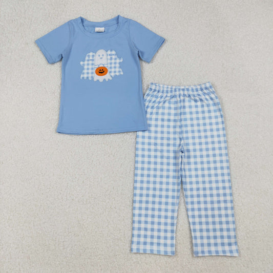 BSPO0581 Baby Boys Embroidery Ghost Pumpkins Top Checked Pant Halloween Clothes Sets