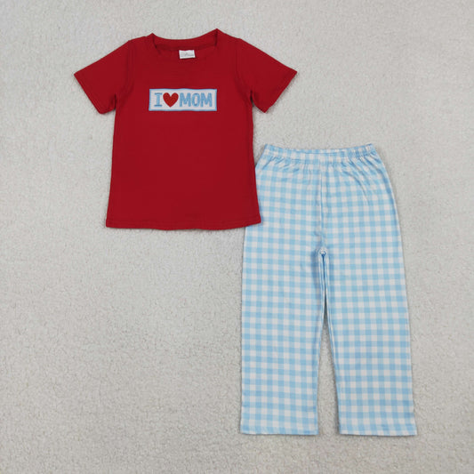 BSPO0588 Baby Boys Embroidery I Love Mom Top Checked Pants Clothes Sets