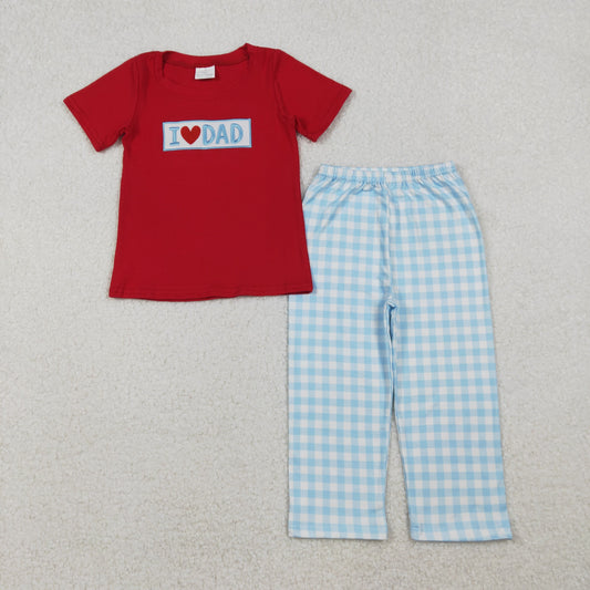 BSPO0589 Baby Boys Embroidery I Love Dad Top Checked Pants Clothes Sets