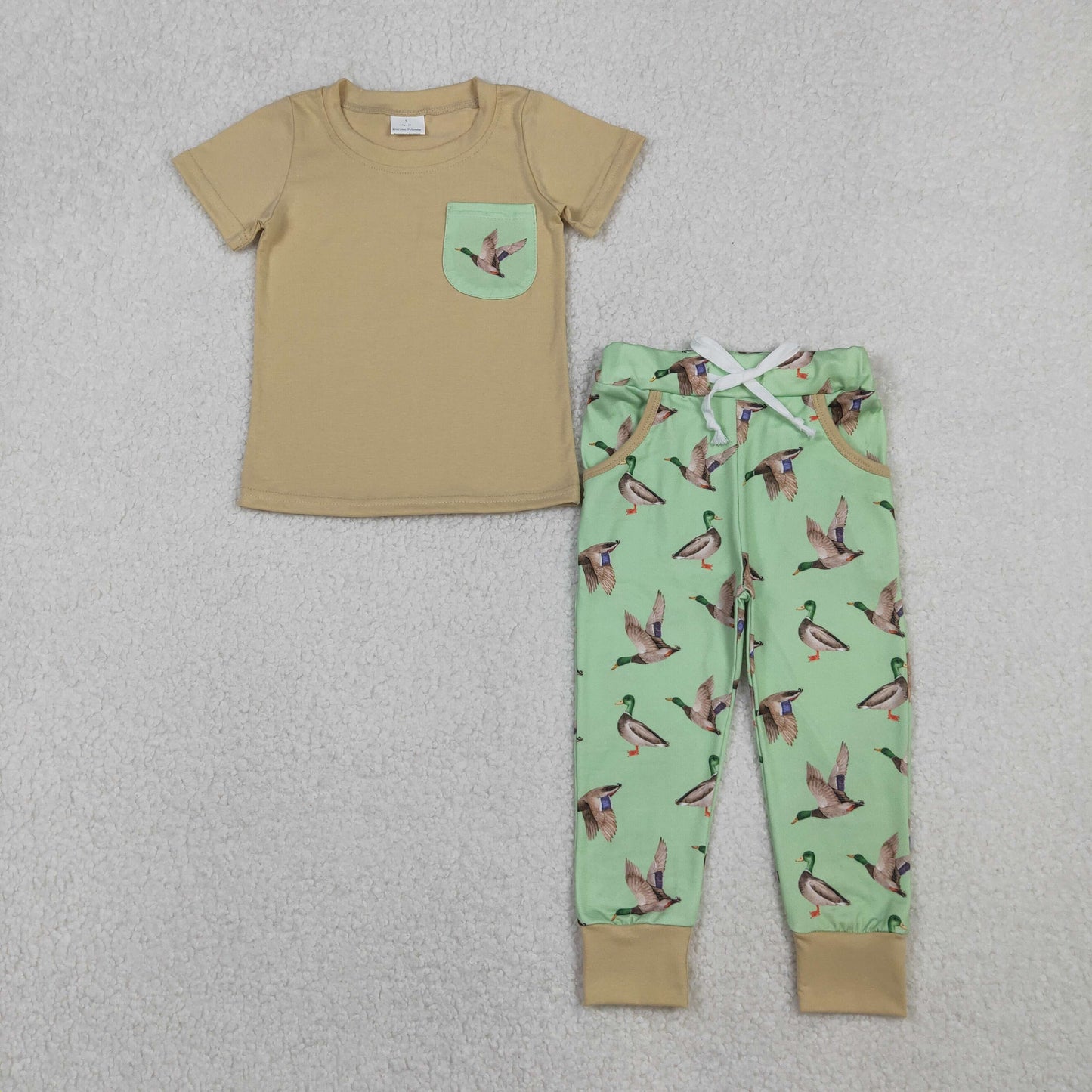 BSPO0607 Baby Boys Ducks Plaid Pockets Top Jogger Pants Hunting Clothes Sets