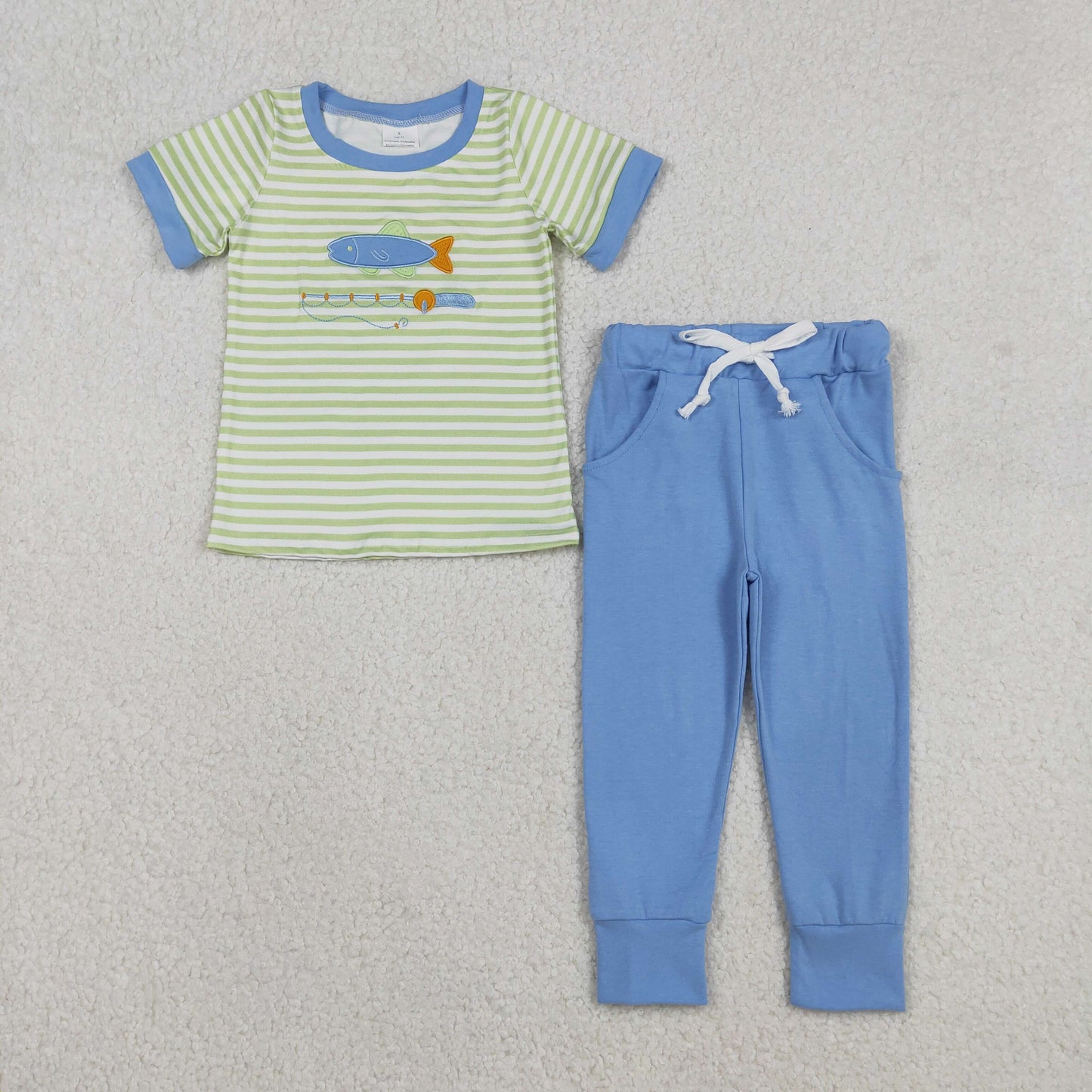 BSPO0612 Baby Boys Embroidery Fishing Stripe Top Pockets Pants Hunting Clothes Sets