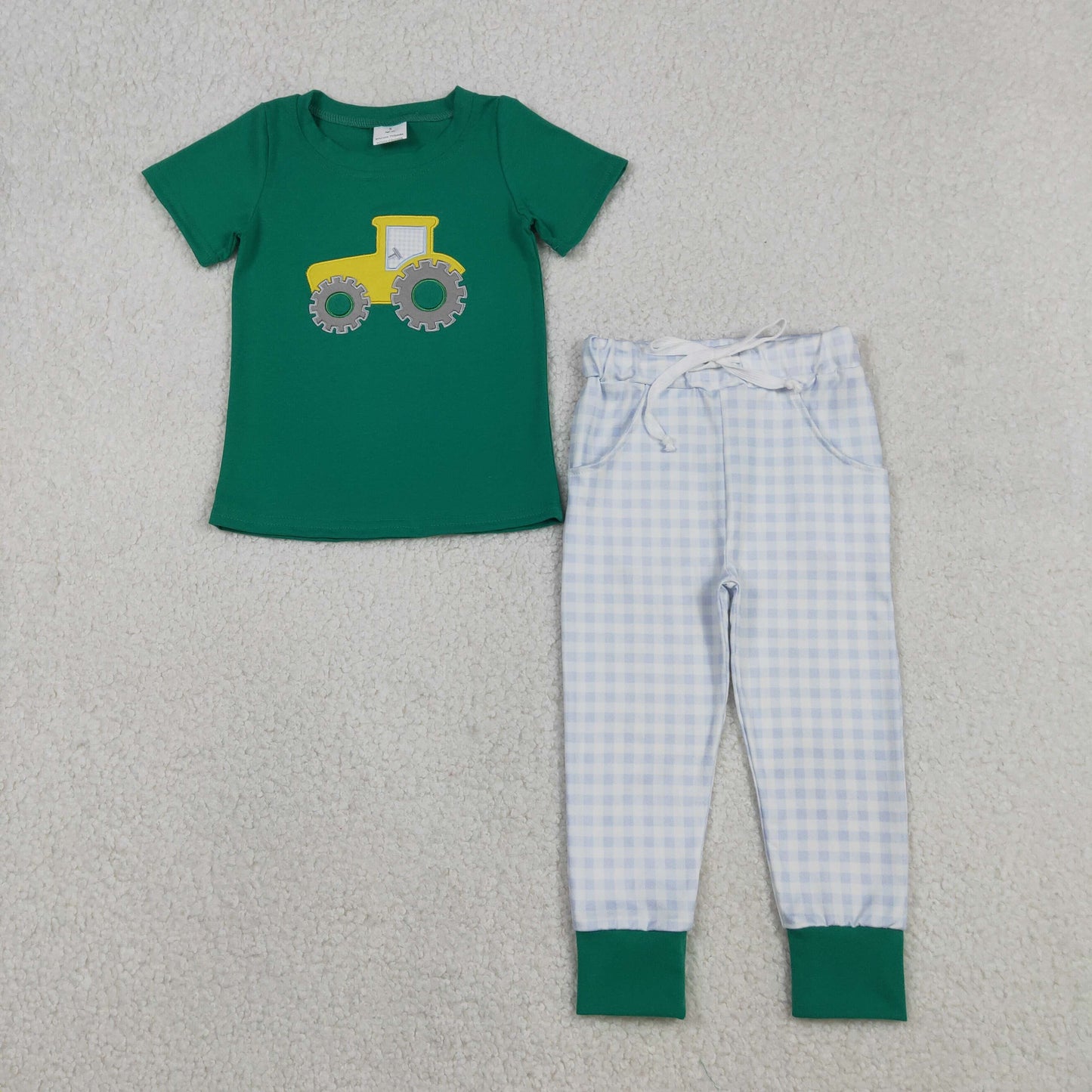 BSPO0615 Baby Boys Embroidery Truck Top Checked Pockets Pants Farm Clothes Sets