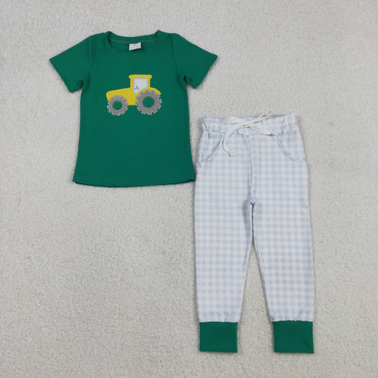 BSPO0615 Baby Boys Embroidery Truck Top Checked Pockets Pants Farm Clothes Sets