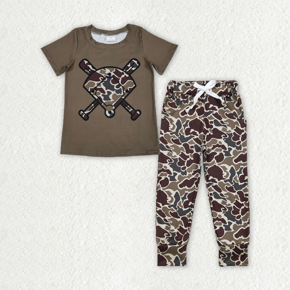 BSPO0657 Baby Boys Southern Dark Khaki Camo Baseballs Pockets Leggings Team Clothes Sets